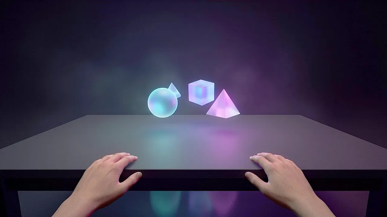 Two hands rest on the edge of a real table in a dark room while a glowing sphere, cube and pyramid hover just above its surface.