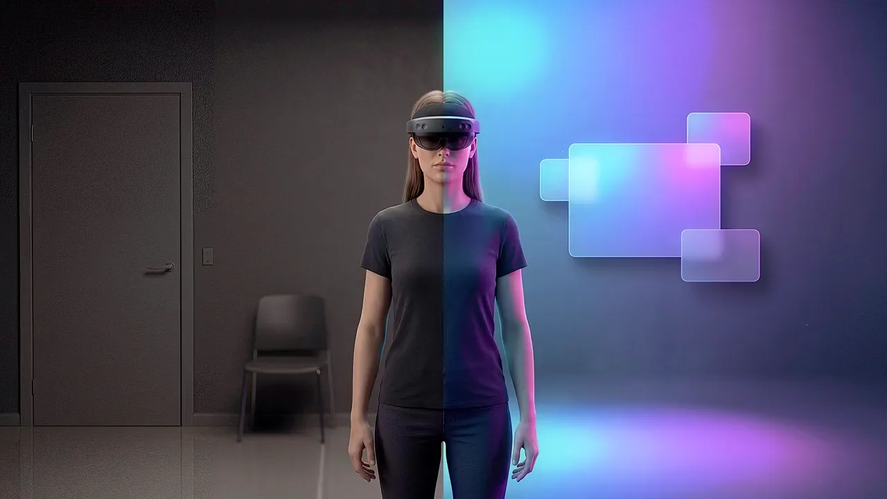 A woman wearing a mixed-reality headset stands where a plain unlit room with a door and a chair meets a wall of coloured light and floating panels.