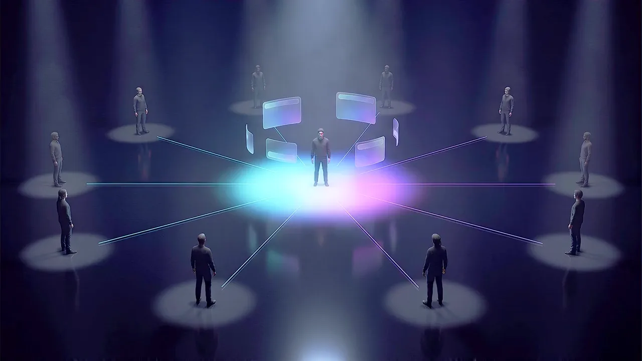 A lit core on a dark floor with threads of light running out to smaller pools, a figure standing in each one.