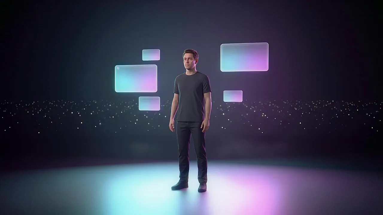 A man stands alone in a wide dark space, glowing message panels near him and a field of small distant lights beyond.