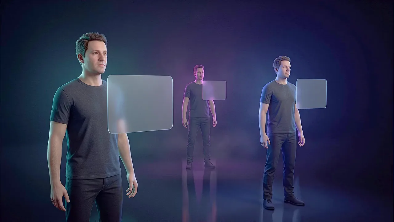 The same man appears three times across a dark studio, a glass panel beside each of him, three conversations running at once.