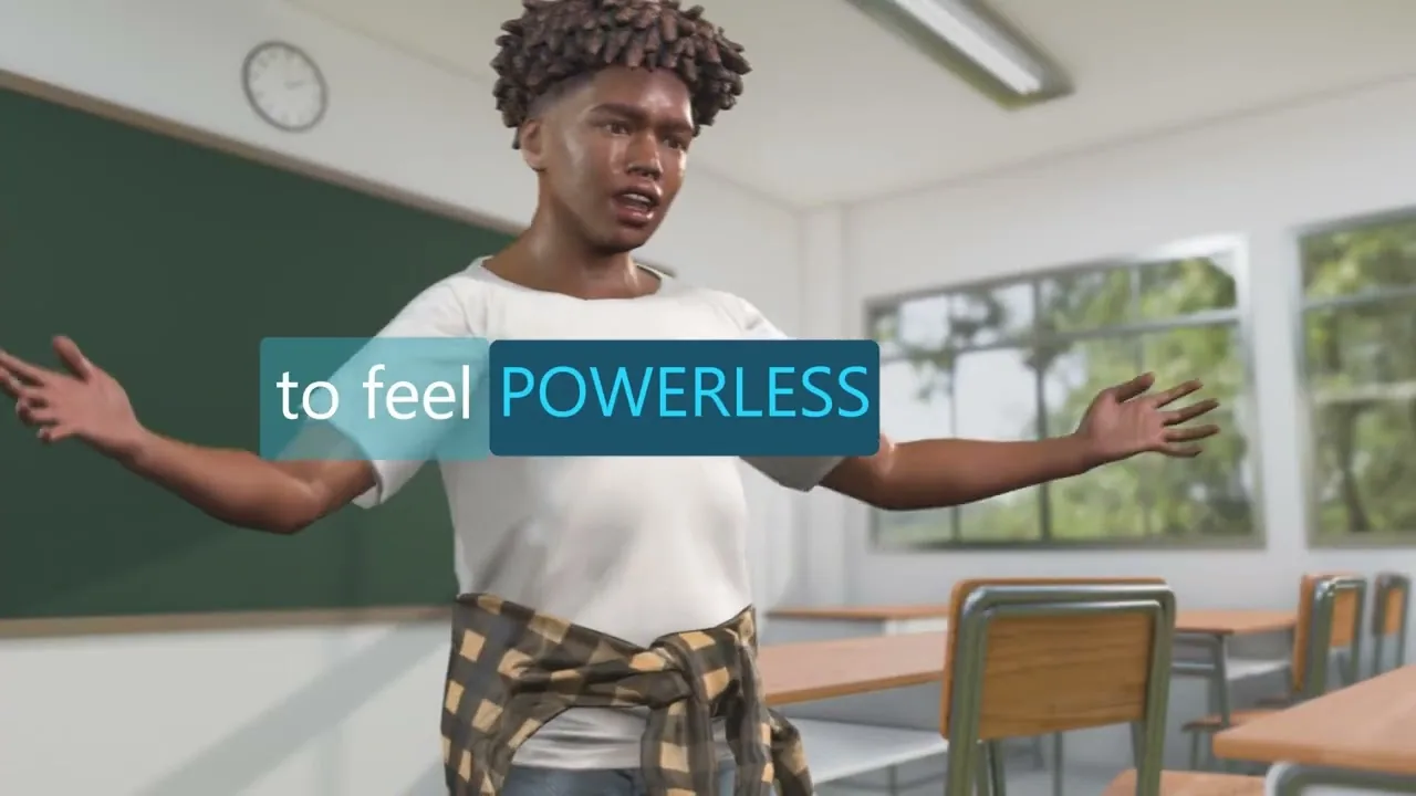 A tutorial group in a glass-walled classroom, one student in a headset.