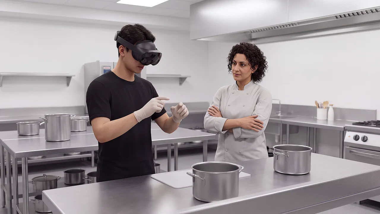 A training kitchen with an apprentice at the bench and a chef instructor at the pass. A VR training scenario for education and food skills.