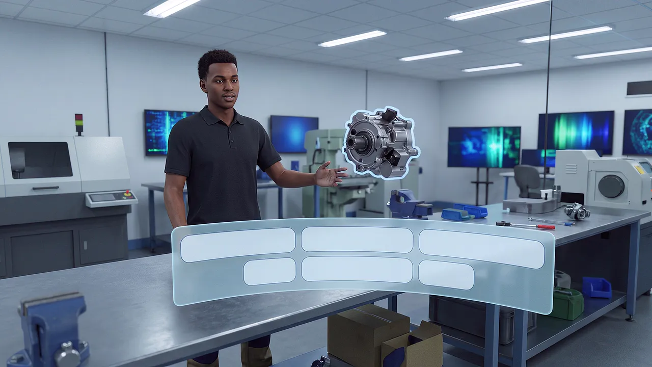 Inside the simulation, an engineering laboratory seen from a workbench, a component floating in the air outlined in light.