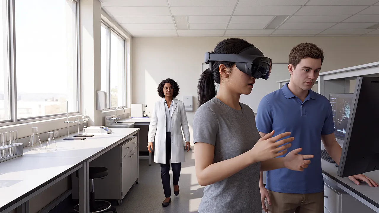A simulated university science laboratory with high windows. Two first-year students work at a bench, one wearing the headset.