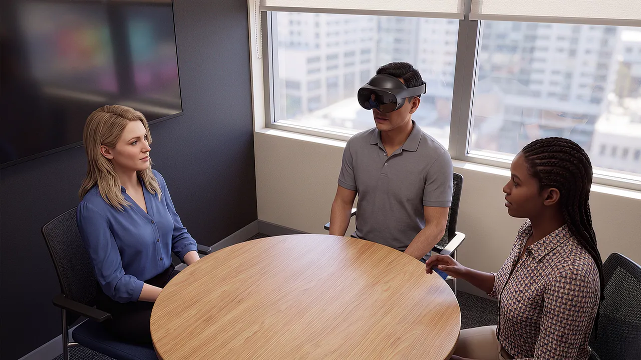 Three colleagues sit at a round table in a simulated meeting room, one wearing the headset, one turned toward a blank wall screen as if a remote colleague were there.