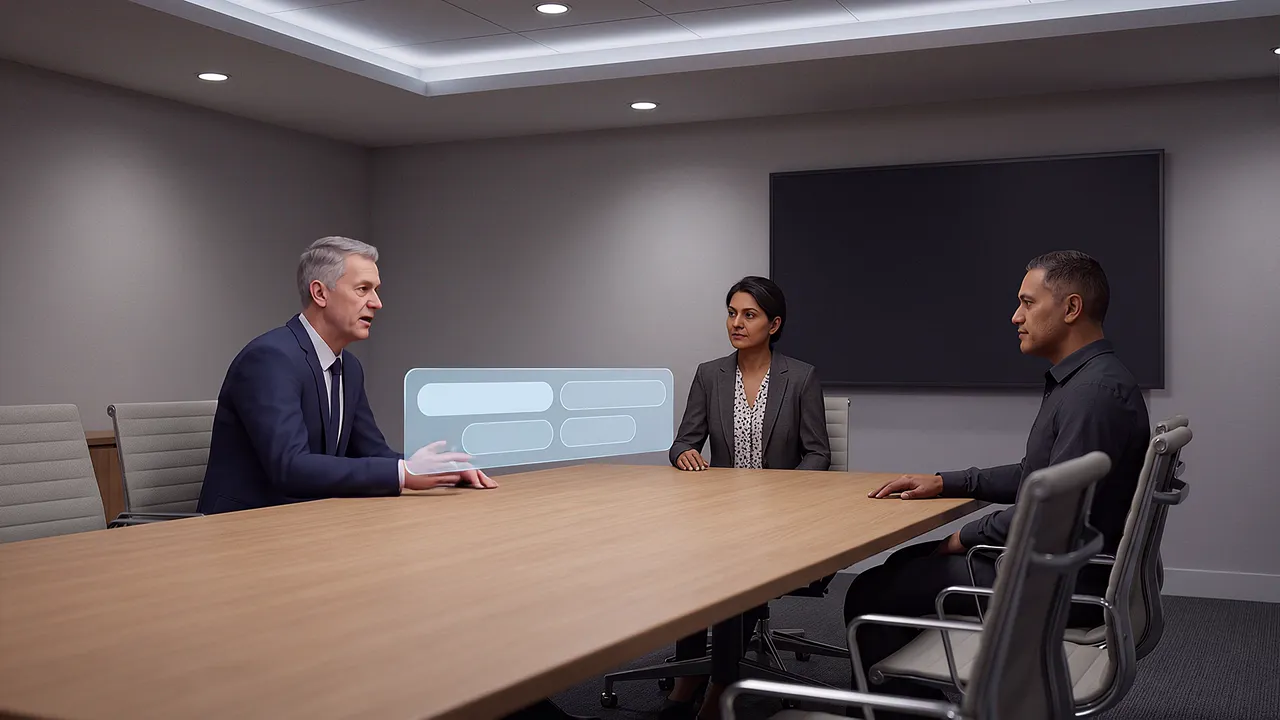 Inside the simulation: three executives sit at the far end of a boardroom table facing the viewer, one mid-sentence, two listening, empty chairs nearest under a blank wall screen.