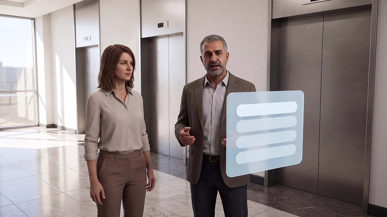 Inside the simulation, a lift lobby in a commercial tower: two colleagues wait by the doors, one mid-remark, a panel of reply choices floating beside them.