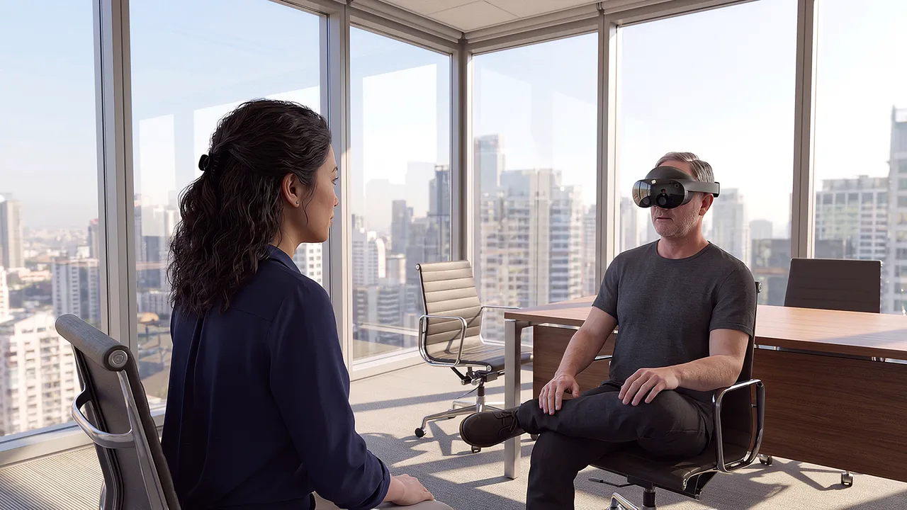 An employee sits forward in a simulated corner office, city beyond the glass, as a manager wearing the headset sits opposite.