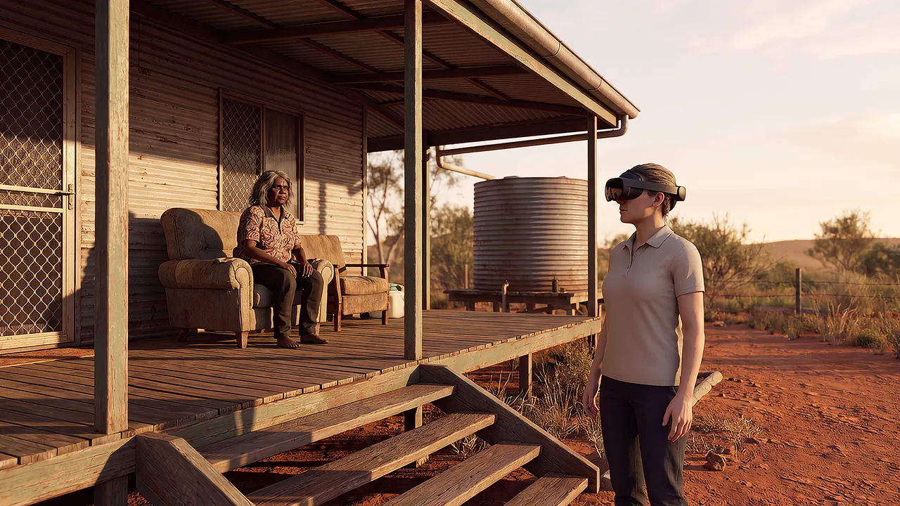 A services officer in a headset waits at the foot of a verandah.