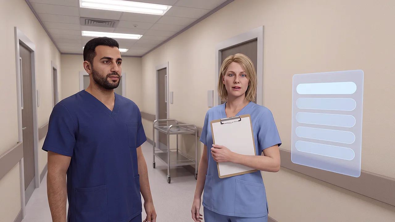 Two nurses meet in a hospital corridor for a handover, seen through the headset.