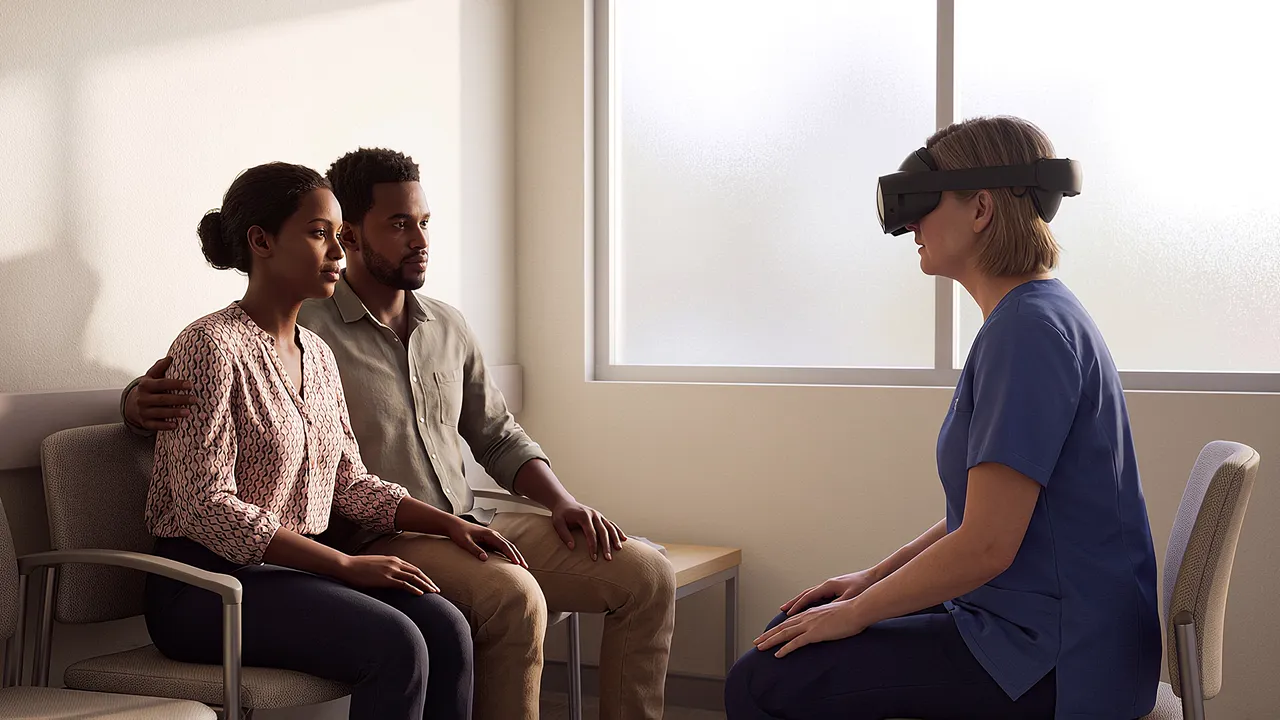 A simulated hospital family room, soft light through a frosted window. Parents sit together; a midwife in the headset sits opposite, the family conversation practised before it is needed.