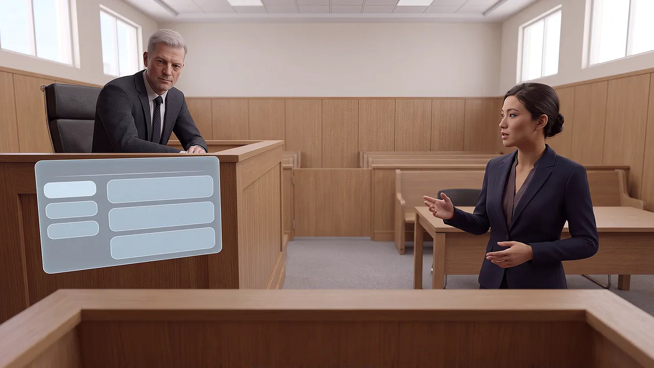 Inside the simulation: a magistrate sits at the bench while a solicitor stands mid-question in a courtroom seen from the witness position, blank choice buttons floating at chest height.