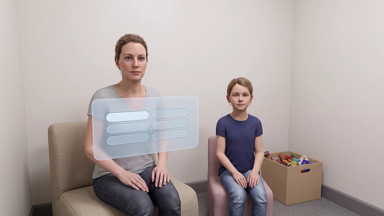 Inside the simulation: a woman and her nine year old daughter sit facing the viewer, waiting and calm, in a plain family visits room with a box of toys nearby.