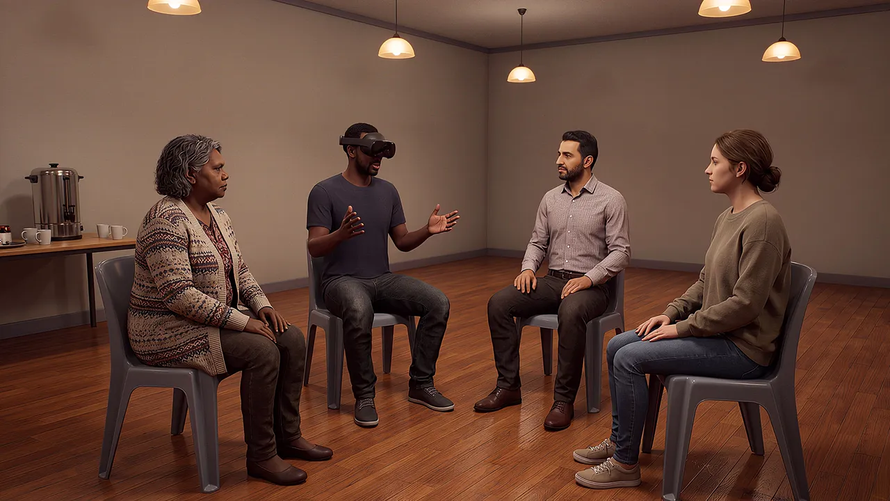 Four adults sit in a peer support circle in a community hall, plastic chairs under warm hanging lights; one wears the headset and speaks.