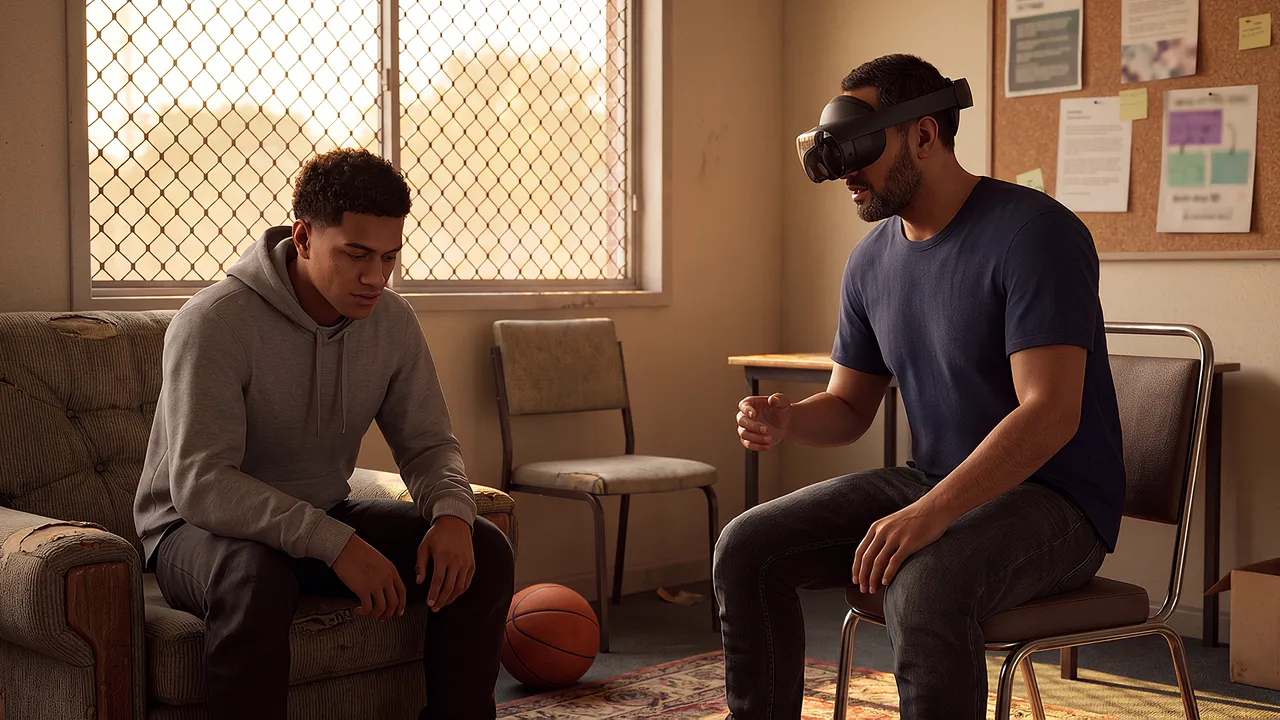 A seventeen year old sits low in his chair, hood down; a youth worker in the headset sits sideways beside him, not squaring up, rehearsing a youth diversion conversation.