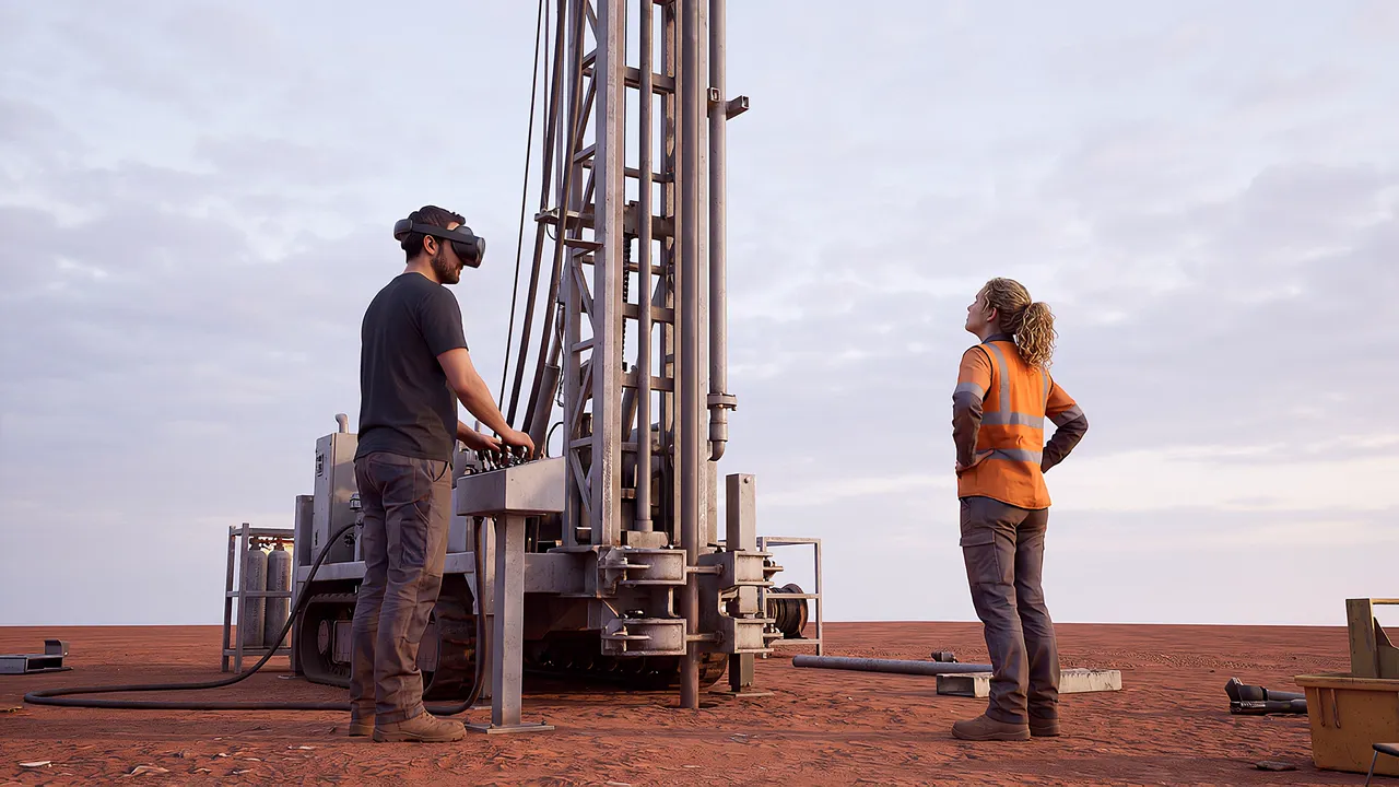 A driller wearing the headset stands at an exploration rig at dawn; a young offsider stands nearby, hands on her hips, looking up at the mast on the cleared pad.