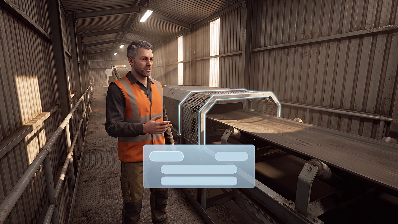 Inside the simulation: a supervisor in hi-vis stands beside a stopped conveyor belt, mid-explanation, a blue outline glow marking a guard ahead, dust and afternoon light through the plant cladding.