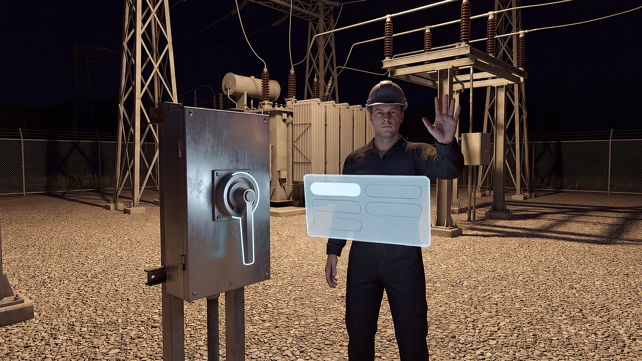 Inside the simulation: an electrician stands beside an isolator, one hand raised in a clear stop gesture, a blue glow marking the handle in a floodlit substation yard at night.
