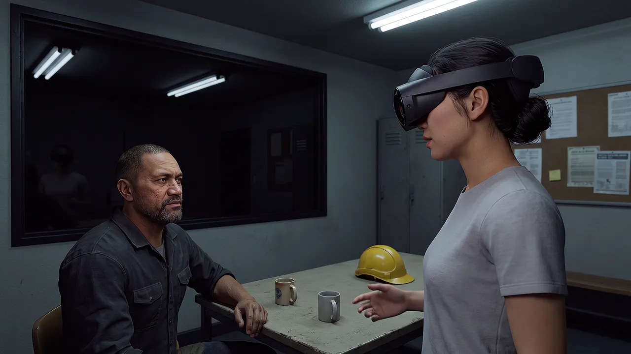 An operator wearing the headset arrives for night shift as another finishing up sits with his hard hat on the table, in a crib room at shift change before midnight.