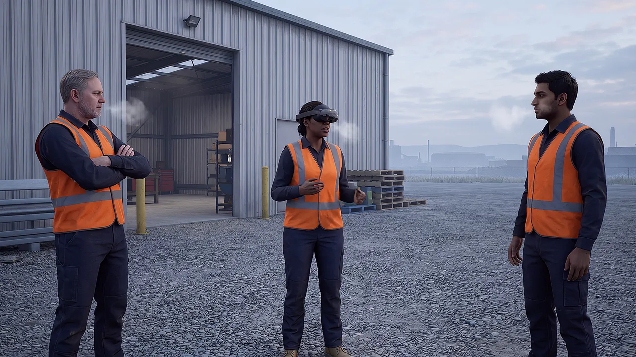 A woman in her thirties runs a pre-start toolbox talk wearing the headset, breath visible in the cold dawn light; two crew in hi-vis stand listening, one with arms folded.