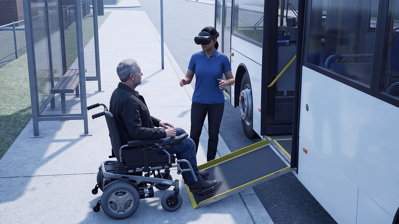A simulated kerbside bus stop on a bright cool morning, a plain unmarked bus with the ramp deployed, a clear footpath, a low shelter. A man in his fifties waits at the foot of the ramp in his wheelchair, facing up it; a driver in the headset stands at the ramp edge.