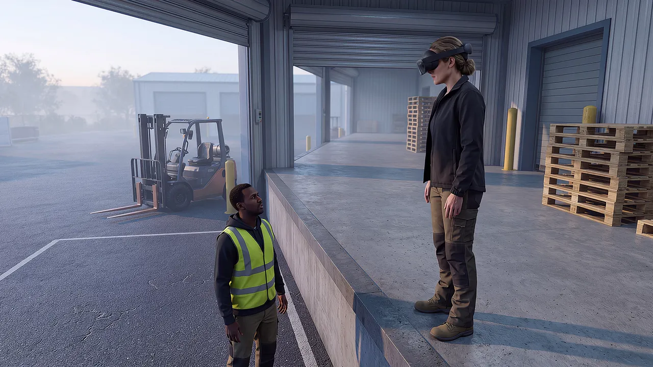 A simulated freight loading dock at dawn, roller doors up, cold air, plain unmarked pallets and a forklift parked with the forks down. A dock supervisor in the headset stands at the edge of the dock; a young driver stands below on the apron.